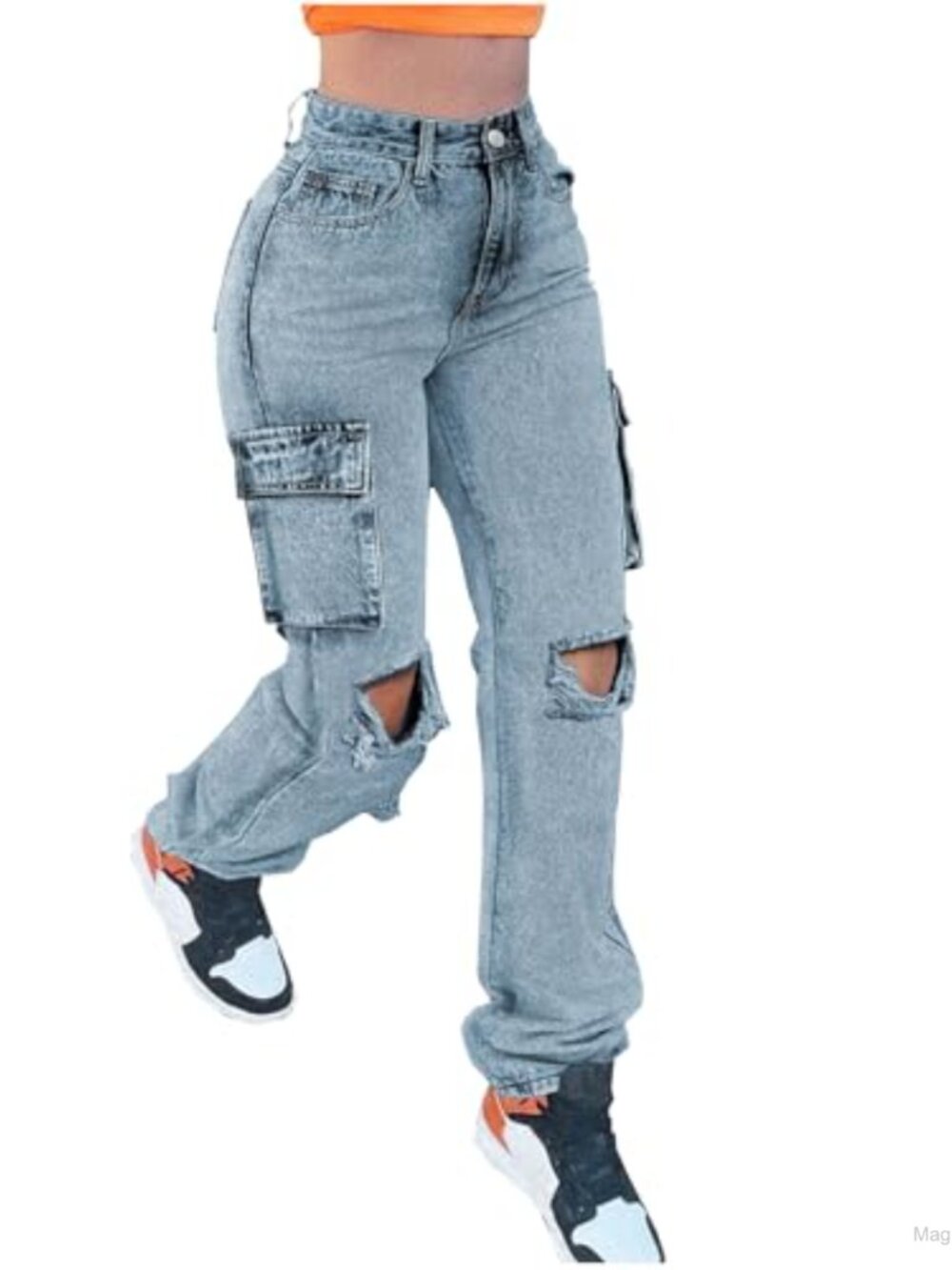 Distressed Ripped Cargo Jeans High Waisted Straight Leg Denim Pants
